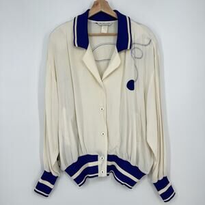 Vtg 80s The Knit Studio California Button Blouse Jacket Large White Blue Tennis